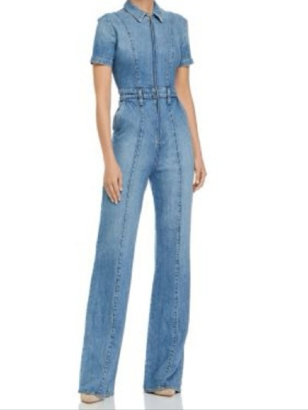 Alice + Olivia denim wide leg jumpsuit Zip Front Short Sleeves Size 30
